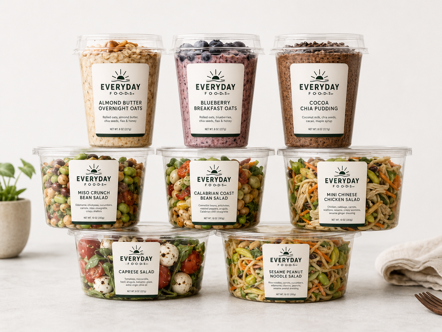 Everyday Foods product lineup: overnight oats, chia pudding, and fresh salads
