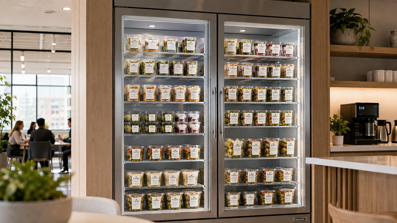 Everyday Foods merchandised across a full office pantry fridge